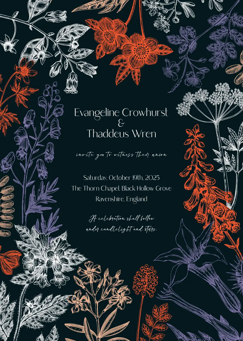 Poisonous plants hand drawn illustration. Gothic wedding invitation design template. Witchcraft,witch herbs apohecary frame.  NOT AI generated Illustration